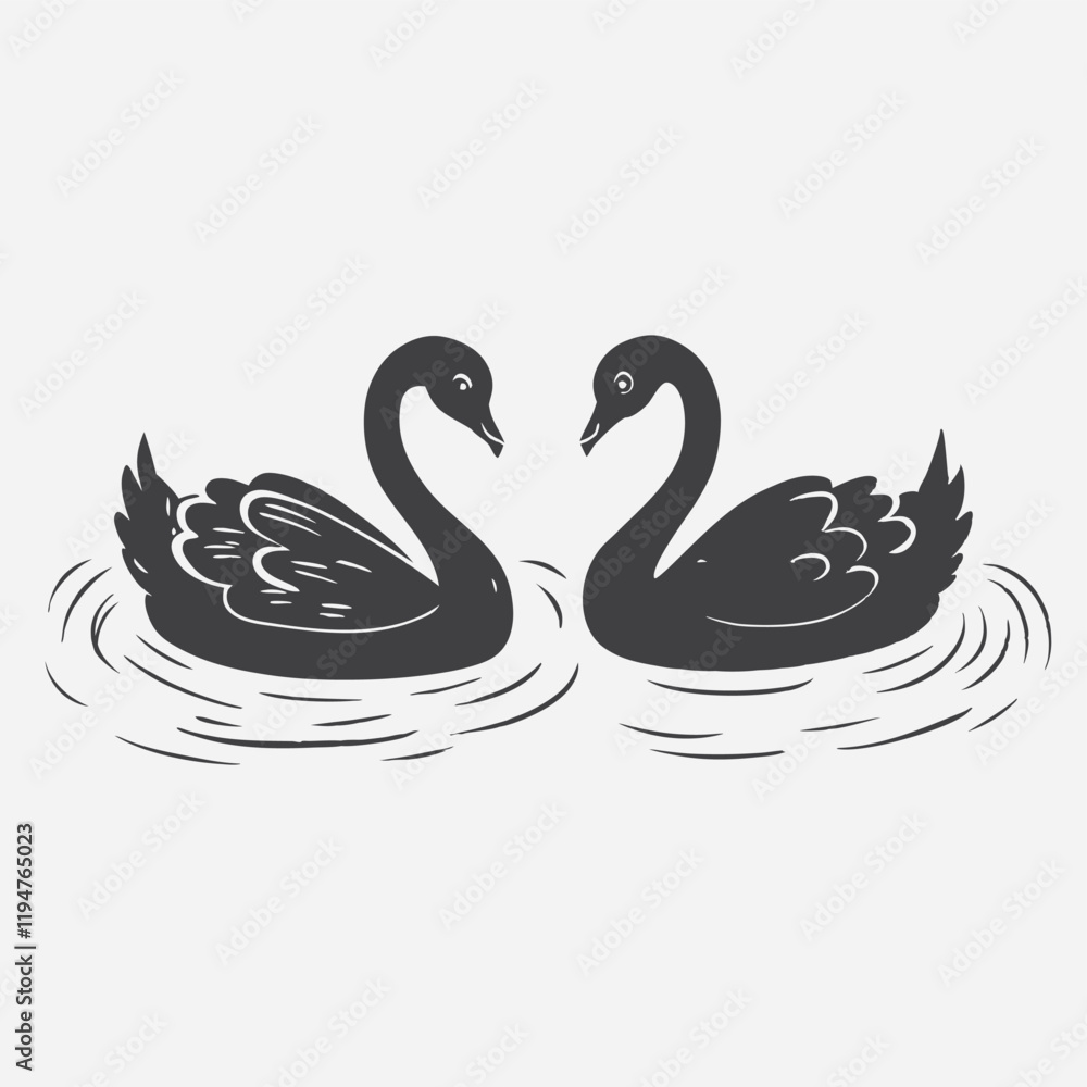 Fototapeta premium Pair of swans swimming in the pond hand drawn sketch in vector icon isolated on white background