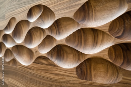 This image showcases a meticulously carved wooden wall art piece featuring flowing organic patterns, highlighting texture and craftsmanship in natural wooden tones. photo