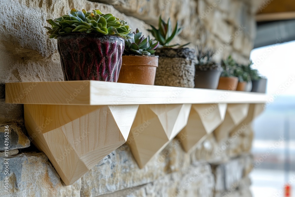Fototapeta premium A wooden shelf with triangular braces offering a sturdy and robust structure, perfect for displaying small planters or decorative items.