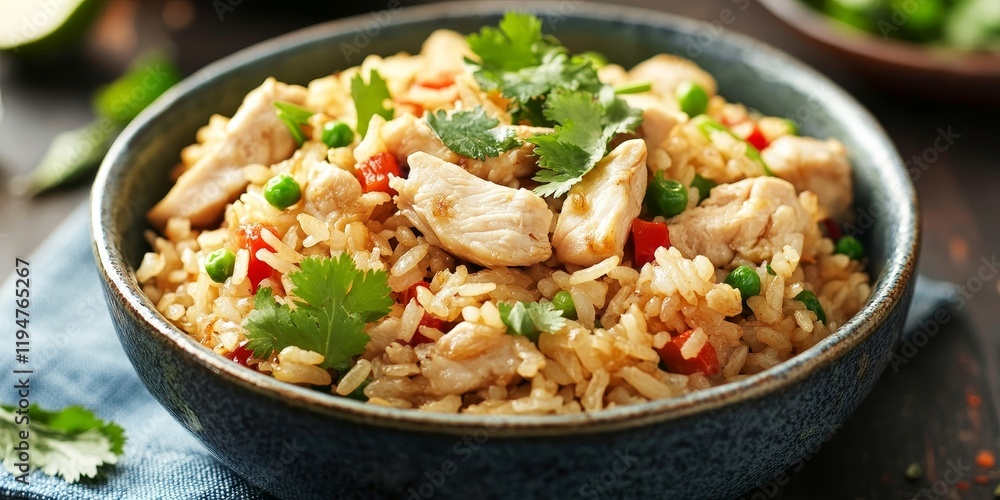 Delicious fried rice with chicken and coriander garnished with green peas and red bell peppers in a dark bowl on a blue cloth background Delicious fried rice with chicken and coriander garnished with green peas and red bell peppers in a dark bowl on a blue cloth background