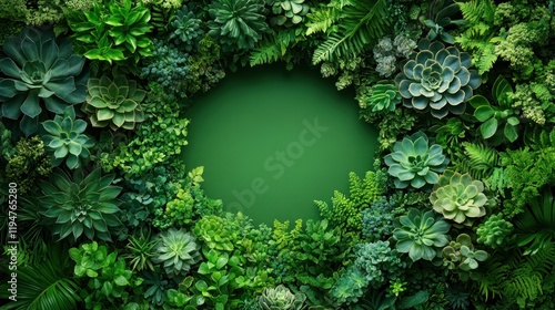 Lush Greenery Frame with Succulents and Ferns Surrounding a Blank Center for Text Overlay