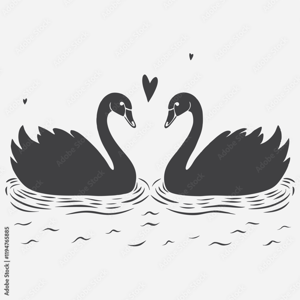 Fototapeta premium Black silhouette Swans family - parents and baby birds. Vector Hand Drawn Illustration Isolated On Transparent Background