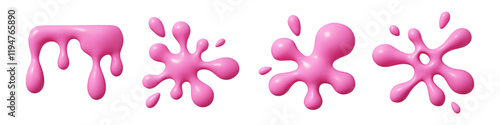 Glossy 3D vector pink fluid elements of different abstract shapes - dripping effect, splashing blob, rounded liquid form, scattered droplet pattern. Dynamic amorphous elements. Glossy slime splat.