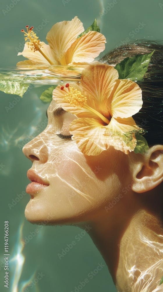 Naklejka premium Tropical goddess with hibiscus flowers underwater stunning portrait ethereal environment close-up view serenity concept