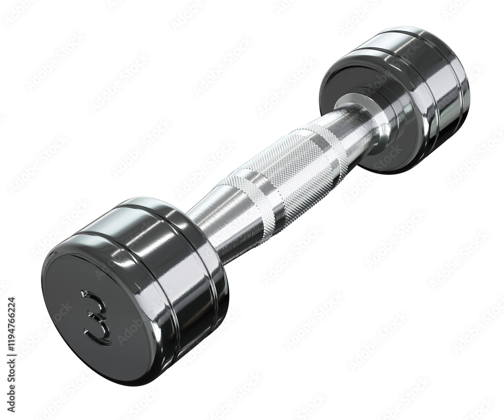 Round Chrome Dumbbell with number 3, weightlifting gym equipment side view, isolated on white background. 3D illustration Round Chrome Dumbbell with number 3, weightlifting gym equipment side view, isolated on white background. 3D illustration