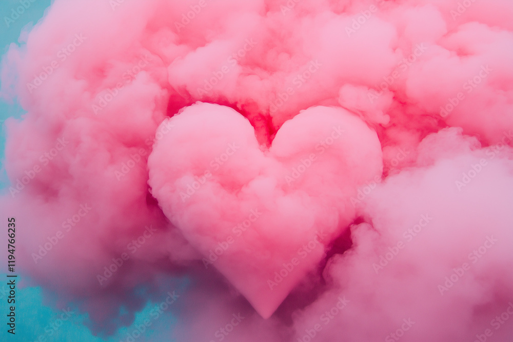 Pink cloud heart shape on blue background, smoke, love Pink cloud heart shape on blue background, smoke, love