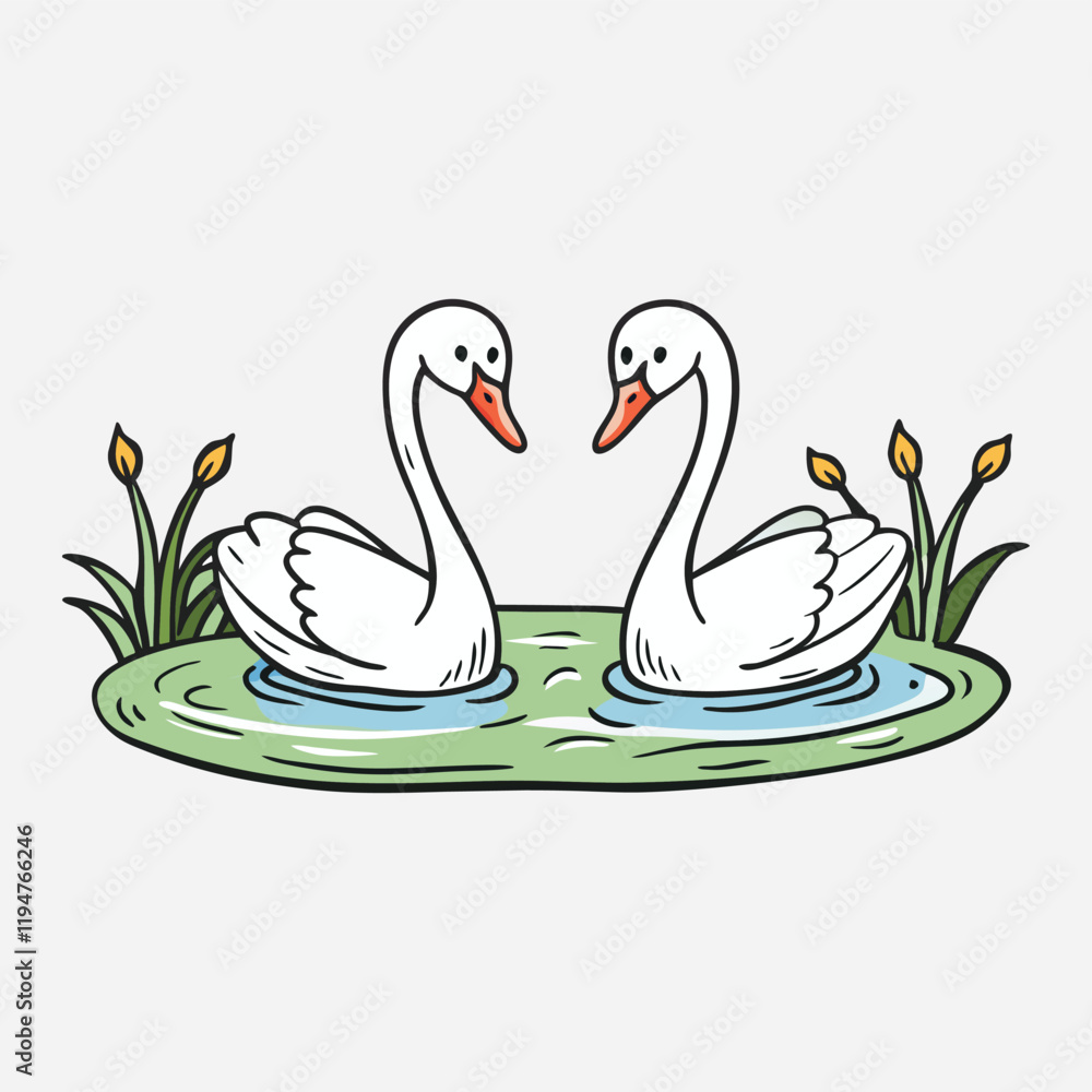 Obraz premium Couple of white swans and brood of cygnets floating together in pond or lake among plants. Vector illustration in cartoon style