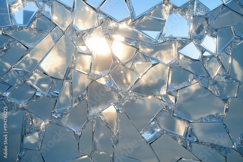 In this image, fractured glass pieces capture sunlight creating a stunning visual effect. The intricate patterns and transparency evoke emotions and abstract beauty. photo