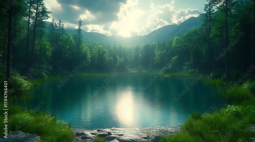 Sunlit mountain lake in lush forest. Sunlit mountain lake in lush forest.