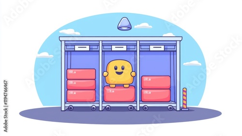 Playful yellow character organizing boxes in a storage facility colorful environment digital illustration