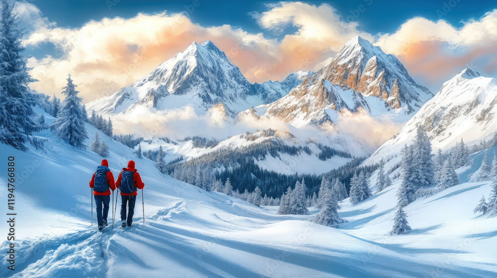Couple Hiking in Scenic Snowy Mountain Range with Stunning Winter Landscape Couple Hiking in Scenic Snowy Mountain Range with Stunning Winter Landscape