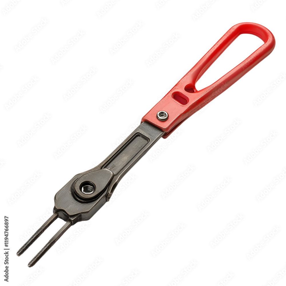 A heavy-duty construction bolt cutter with long red handles, lying flat, isolated on white background. A heavy-duty construction bolt cutter with long red handles, lying flat, isolated on white background.