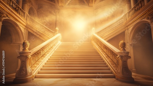 An inspiring image of a grand golden staircase rising against a soft, luminous background, capturing the essence of ambition and the celebration of accomplishments as it ascends toward the unknown.  photo