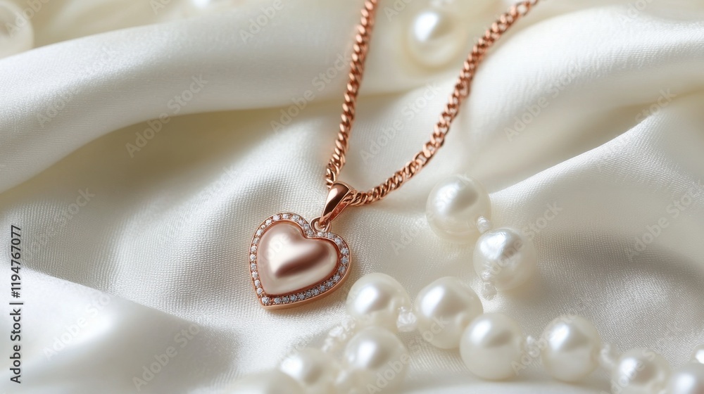 A heart-shaped rose gold pendant with a chain, elegantly placed on a pearl white background A heart-shaped rose gold pendant with a chain, elegantly placed on a pearl white background