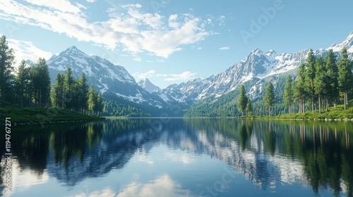 Tranquil lakeside reflection of mountains and trees serene natural landscape outdoor photography calm environment wide angle view peaceful concept
