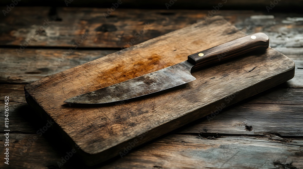 Wooden cutting board with a knife embedded rustic kitchen atmosphere Wooden cutting board with a knife embedded rustic kitchen atmosphere