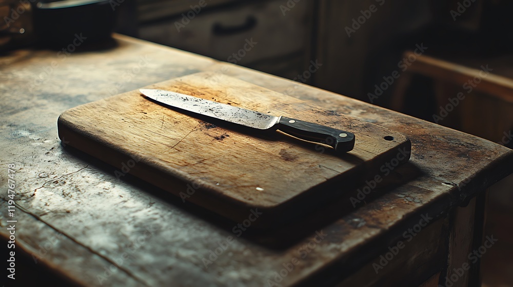 Wooden cutting board with a knife embedded rustic kitchen atmosphere Wooden cutting board with a knife embedded rustic kitchen atmosphere