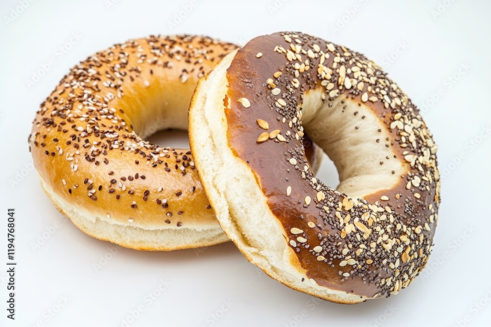 Two bagels sit side by side on a surface Two bagels sit side by side on a surface