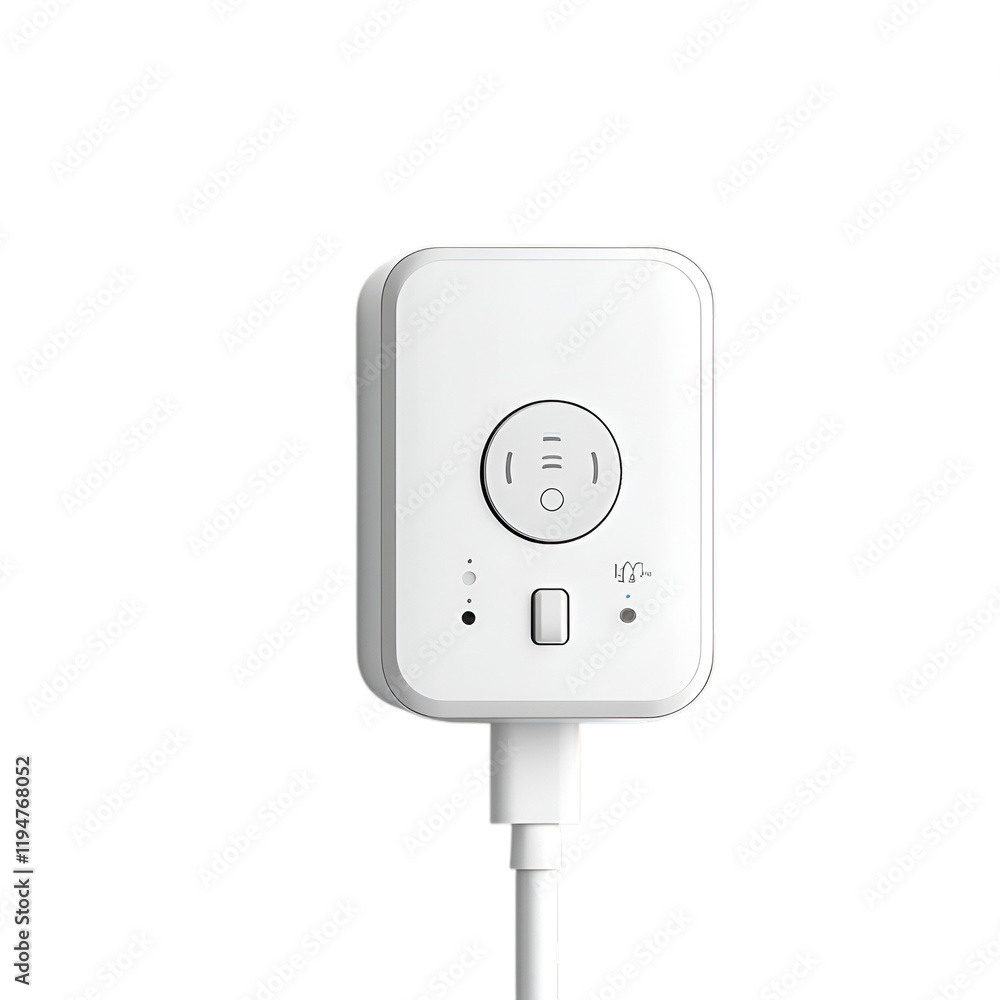 A modern smart plug with a compact design, plugged into a power outlet, isolated on white background.