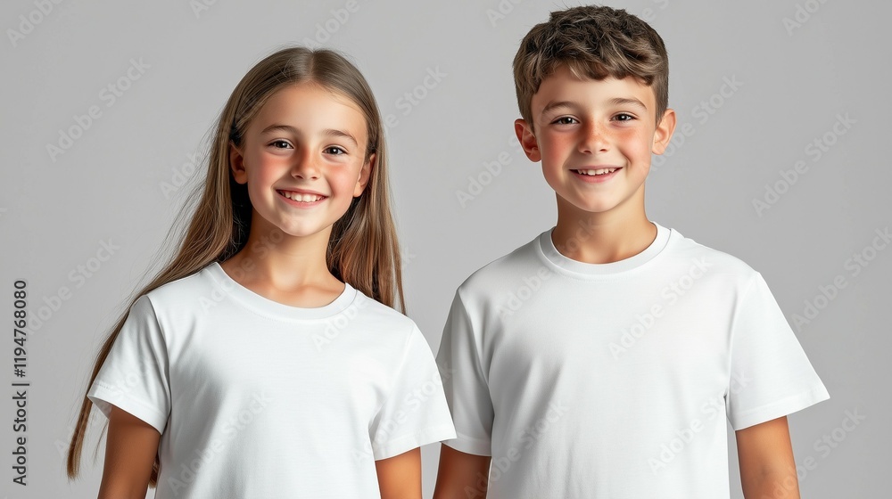 stand boy and short hair girl in white t-shirts, full body, front view, posing for the camera on a gray background, studio shot stand boy and short hair girl in white t-shirts, full body, front view, posing for the camera on a gray background, studio shot