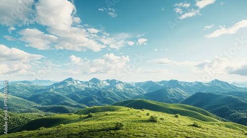 Tranquil mountain landscape design rolling hills and serene skies nature photography peaceful environment wide-angle view evoking relaxation