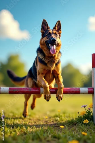 Figurant riding German Shepherd on obstacle course, canines in action, service dog, mobility aids photo