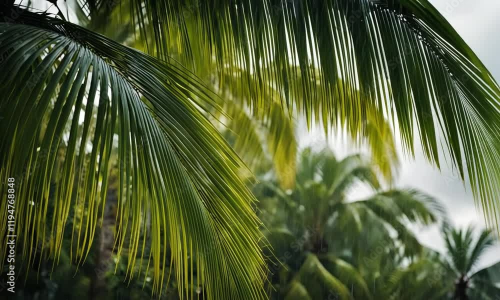 During the tropical season, the coconut tree's leaves flutter gracefully in the wind as rain falls