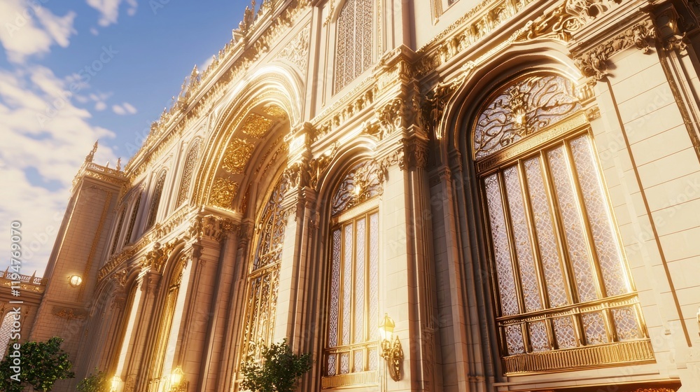 Fototapeta premium Ornate architectural facade illuminated by warm sunlight.