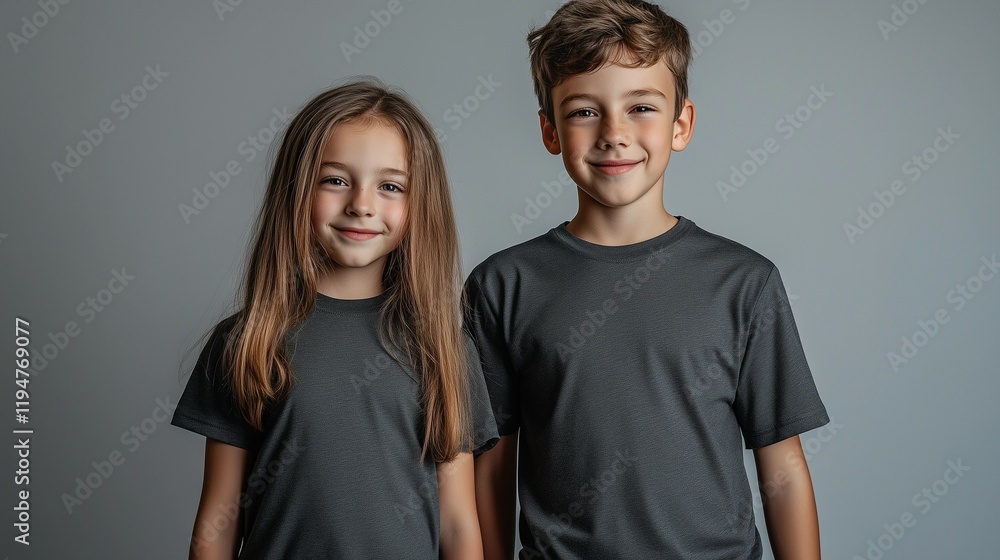 stand boy and short hair girl in semi dark grey t-shirts, full body, front view, posing for the camera on a gray background, studio shot stand boy and short hair girl in semi dark grey t-shirts, full body, front view, posing for the camera on a gray background, studio shot