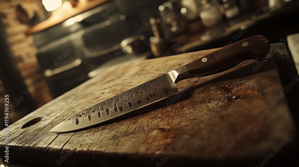 Knife blade inserted into a cutting board rustic kitchen setting Knife blade inserted into a cutting board rustic kitchen setting