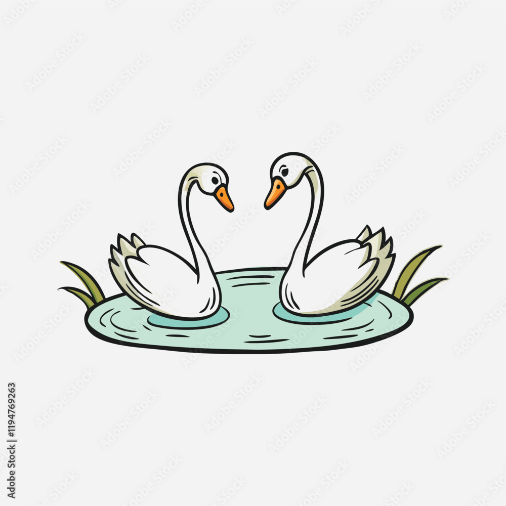 Naklejka premium A beautiful pair of light white and dark black swans on a pond. Romantic Isolated vector illustration