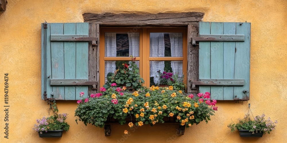 Charming window with turquoise wooden shutters and vibrant flower box, set against a warm yellow wall in a cozy small town atmosphere. Charming window with turquoise wooden shutters and vibrant flower box, set against a warm yellow wall in a cozy small town atmosphere.