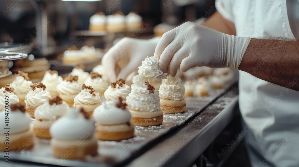 Hands clad in white gloves expertly position swirls of cream atop freshly baked pastries in a busy kitchen. The warm atmosphere is filled with sweet aromas and dedication Hands clad in white gloves expertly position swirls of cream atop freshly baked pastries in a busy kitchen. The warm atmosphere is filled with sweet aromas and dedication
