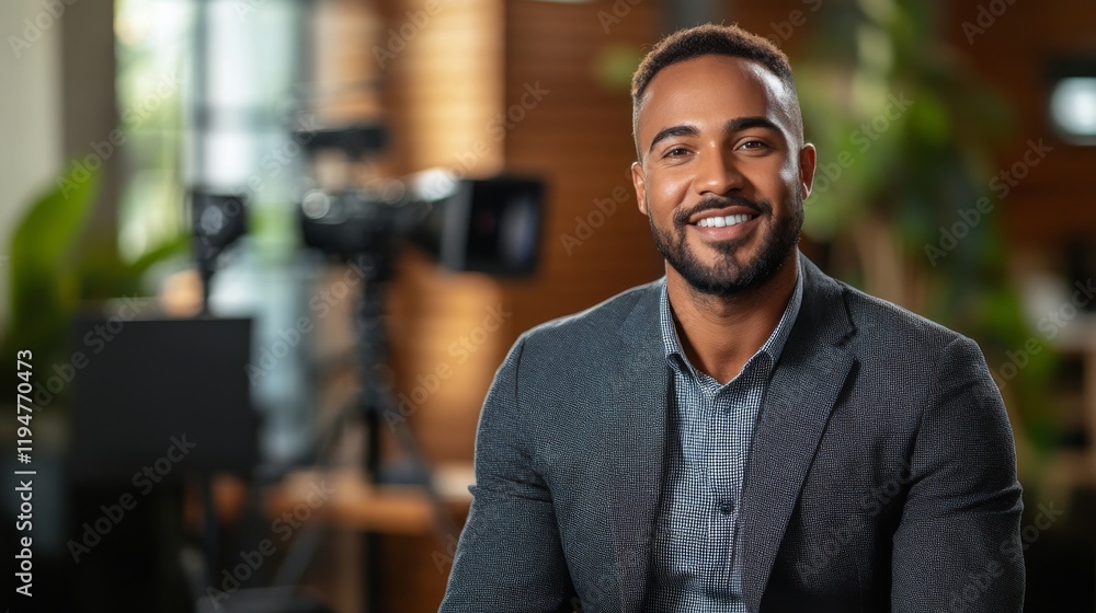 Obraz premium A smiling man in a suit sits for an interview