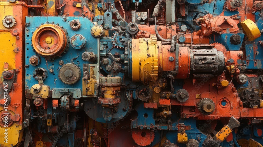 Close-up of a working machine in a factory with colorful backgrounds, gears, and moving mechanical parts. Close-up of a working machine in a factory with colorful backgrounds, gears, and moving mechanical parts.