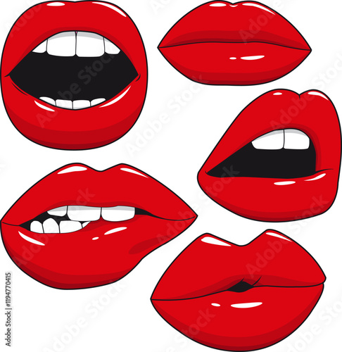 Beautiful woman lips. Smiling female lips. Mouths smiling. Lips with red lipstick kiss, biting lips. Vector illustration