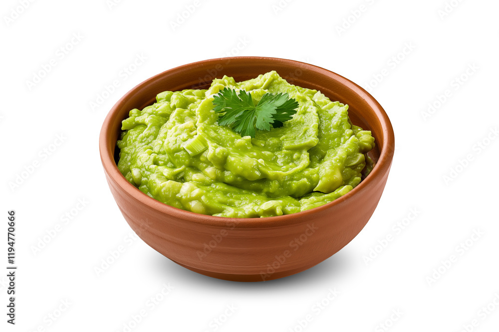 Mexican guacamole sauce in a simple brown bowl, topped with cilantro, isolated in a transparent background. Perfect for dipping or as a topping for various dishes. Ideal for food-related projects Mexican guacamole sauce in a simple brown bowl, topped with cilantro, isolated in a transparent background. Perfect for dipping or as a topping for various dishes. Ideal for food-related projects