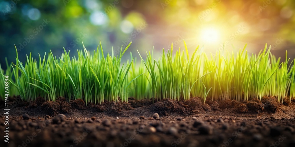 Vibrant green grass sprouts emerge from rich soil bathed in warm sunlight Vibrant green grass sprouts emerge from rich soil bathed in warm sunlight