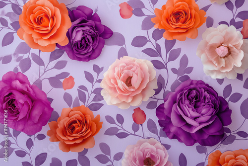 Wallpaper Mural colorful paper roses on lavender background with floral patterns Torontodigital.ca