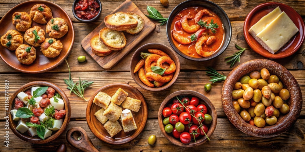 A Delicious Spread of Tapas Featuring Various Savory Dishes and Bread A Delicious Spread of Tapas Featuring Various Savory Dishes and Bread