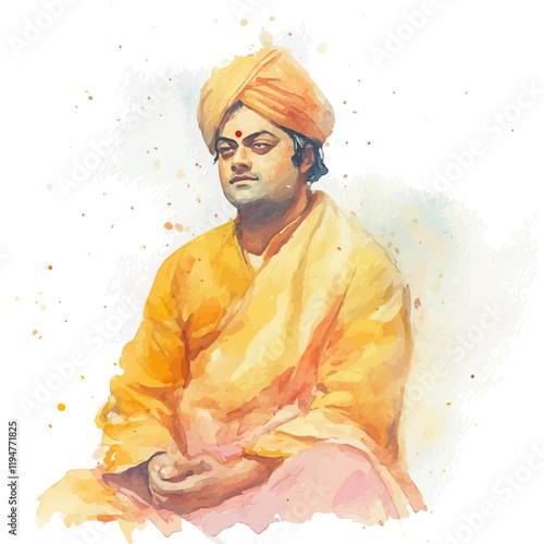 A watercolor drawing of Swami Vivekananda, isolated on a white background. Swami Vivekananda vector.
