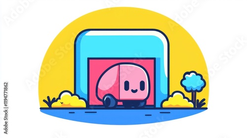 Cute cartoon vehicle driving through a colorful landscape digital art cheerful environment playful viewpoint