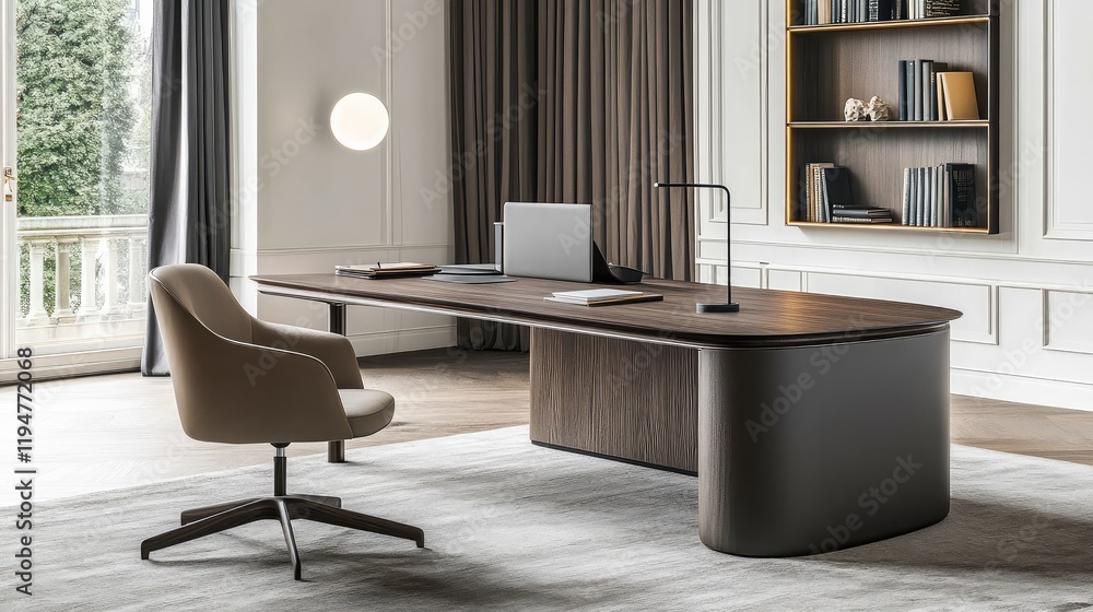 Fototapeta premium Minimalist office corner with a wooden desk, comfortable chair, and decorative bookshelf against a clean, bright backdrop. Spacious and inviting.