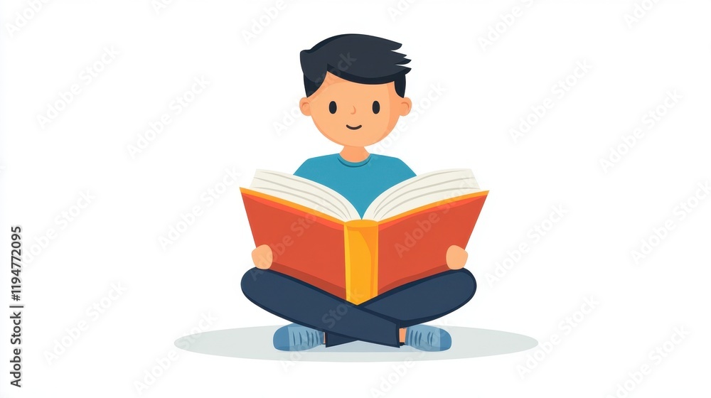 A cheerful boy sits cross-legged, reading a large book, showcasing a love for learning and imagination. A cheerful boy sits cross-legged, reading a large book, showcasing a love for learning and imagination.