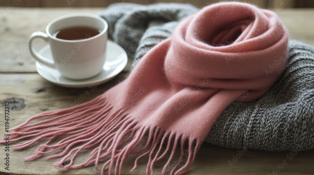 Elegant, fine wool scarf placed atop a wooden table with a cup of tea and a cozy blanket, perfect for the winter season. Elegant, fine wool scarf placed atop a wooden table with a cup of tea and a cozy blanket, perfect for the winter season.