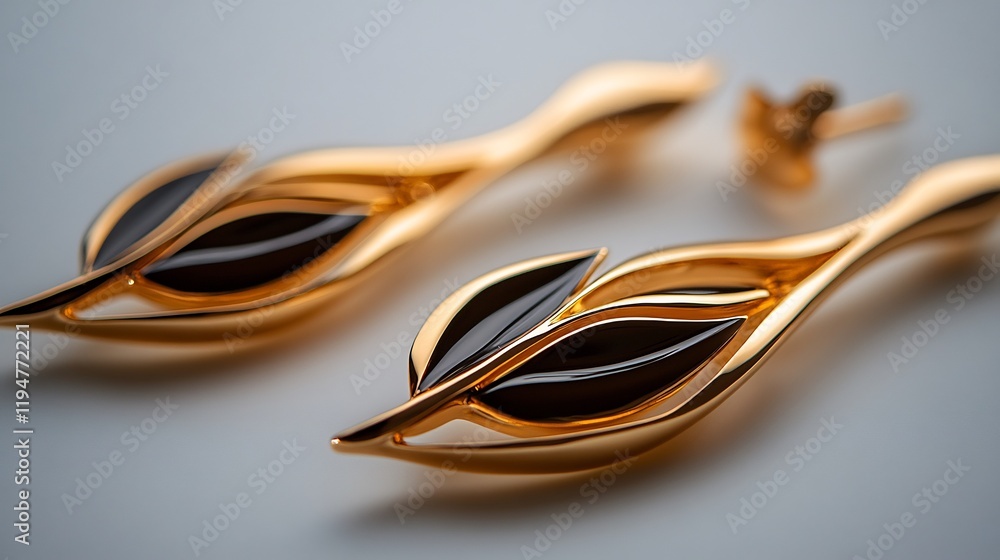 Elegant Gold and Onyx Leaf Earrings: A Close-Up Elegant Gold and Onyx Leaf Earrings: A Close-Up
