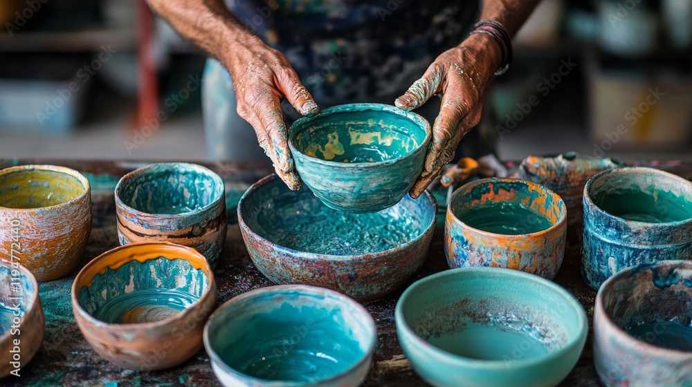 Artist hands carefully placing teal painted pottery bowls Artist hands carefully placing teal painted pottery bowls
