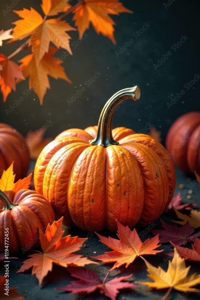 Naklejka premium Ornate pumpkins nestled amongst vibrant fall leaves , autumnal, stock photo, seasonal