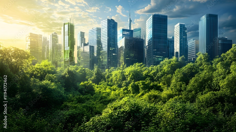 Obraz premium A photo of a lush green forest contrasted with a futuristic city using renewable energy, reflecting the transformation from high carbon emissions to a balanced, net-zero environment. 