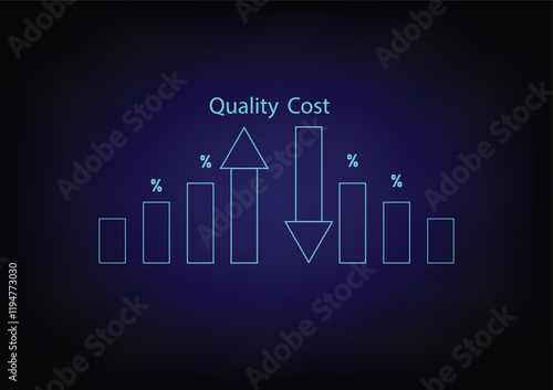 Business and financial concept. Bar graph with an upper and lower arrow to show low cost and high quality on black background.